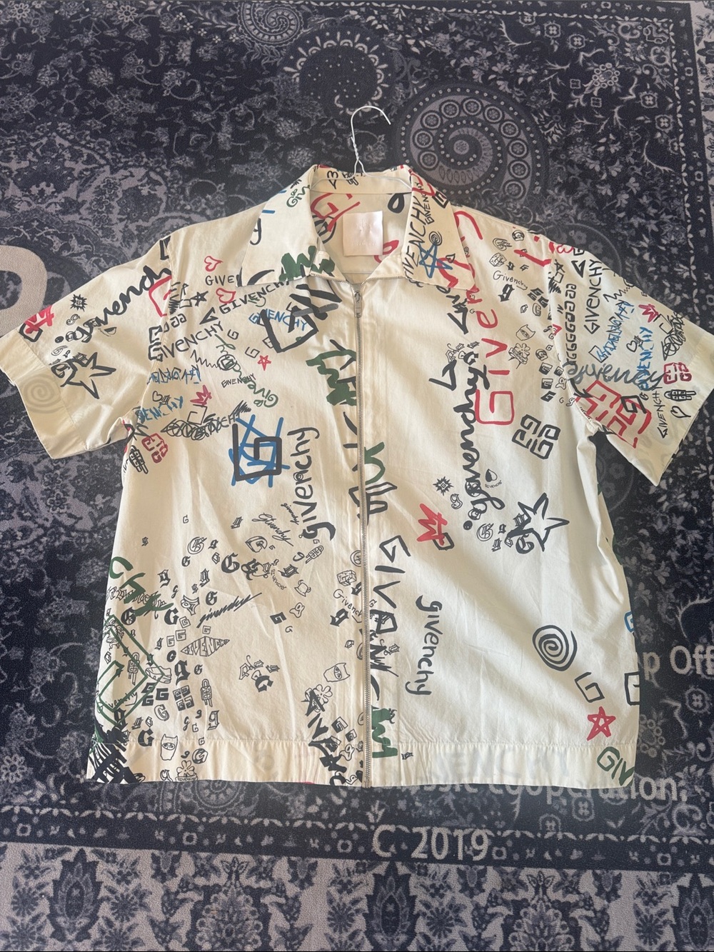 Givenchy Cream Short-Sleeve Button-Down Shirt with Multicolor Graffiti